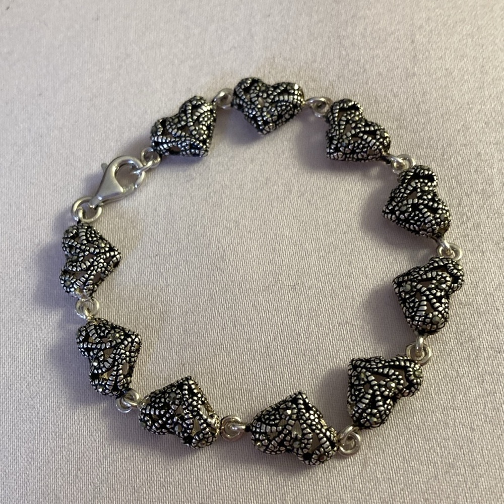 NWOT - Sterling Silver Filigree Marcasite Hearts Link Bracelet